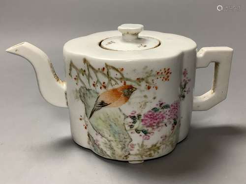 A Chinese famille rose quatre lobed teapot and cover, length...