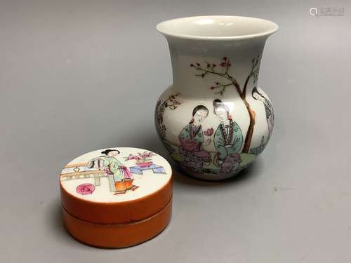 A Chinese famille rose circular box and cover and a similar ...