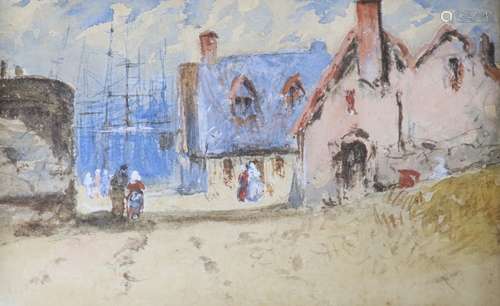 Newylyn School, watercolour, Fishing village with shipping b...