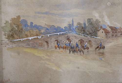 Tilford, watercolour, Cavalrymen watering horses in a landsc...