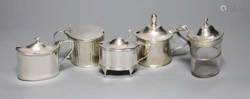 Five mustard pots, various, including a large cylindrical mu...