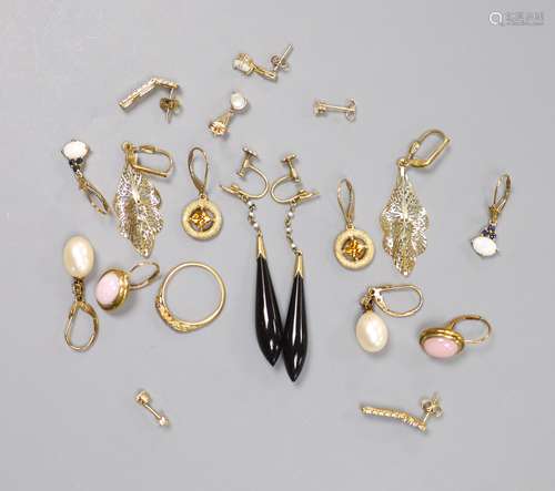 Seven pairs of hallmarked gold earrings, variously set, a si...