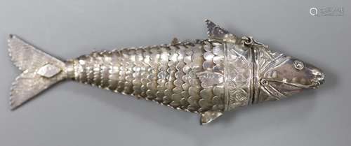 A continental white metal articulated fish pill box, with hi...