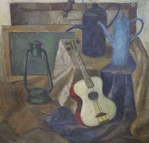 Continental School, oil on canvas, Still life with guitar an...