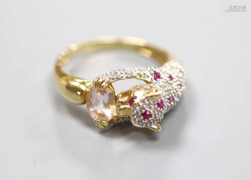 A modern Cartier style 585 yellow metal, pink topaz?, ruby a...