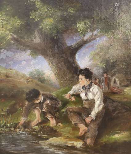 English School c.1880, oil on canvas, Boys beside a stream, ...