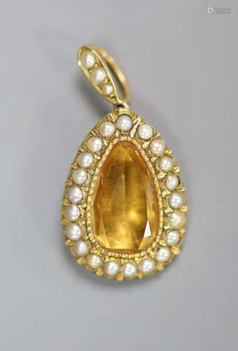 An Edwardian yellow metal, citrine and seed pearl set pear s...