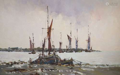 Gerald E. R. Tush, oil on board, Fishing boats along the coa...