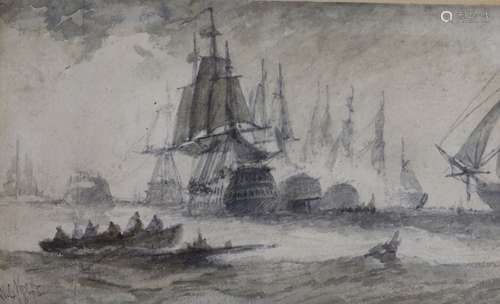 William Calcott Knell (19th C.), watercolour, Shipping at se...