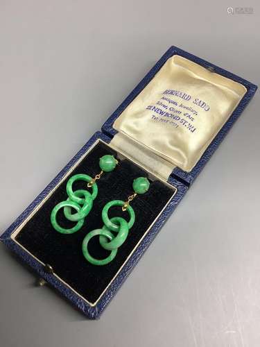 A pair of yellow metal and jade triple loop set drop ear cli...