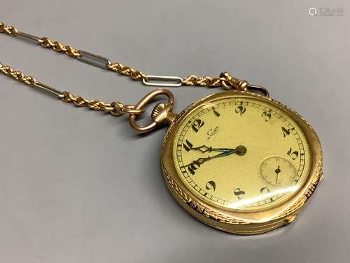 A 9ct gold open face keyless dress pocket watch, on an 18c t...