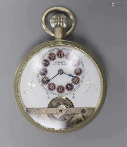 A Swiss white metal 8-day pocket watch with skeleton balance...