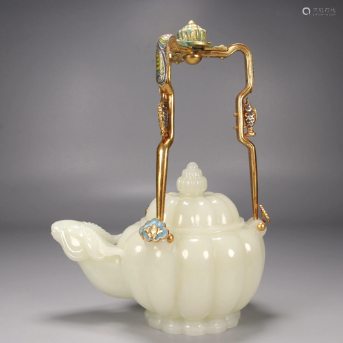 CHINESE HETIAN JADE TEAPOT WITH GILT BRONZE HANDLE