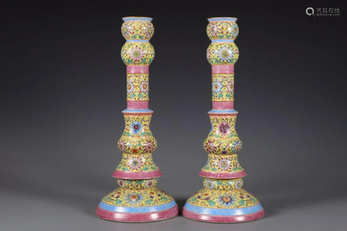 PAIR OF FAMILLE ROSE CANDLE STANDS,YONGZHENG MA…
