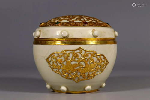 CHINESE DING WARE METAL DECORATED JAR WITH LID