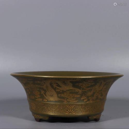 CHINESE TEADUST GLAZED TRIPOD CENSER,QIANLONG MARK