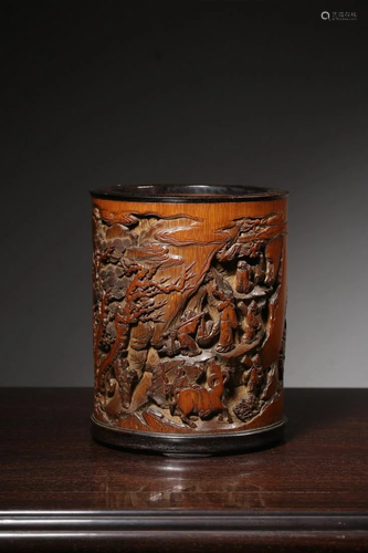 CHINESE BAMBOO CARVED WITH ZITAN WOOD BRUSHPOT