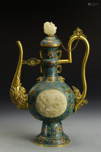 CHINESE CLOISONNE AND JADE WINEPOT