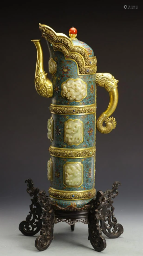 CHINESE CLOISONNE WITH JADE DECORATED POT