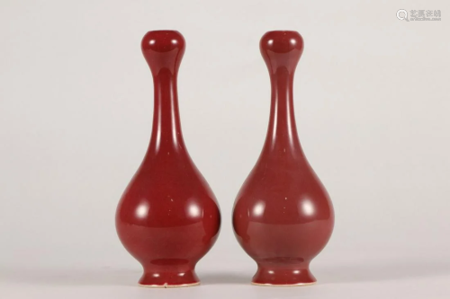 PAIR OF CHINESE RED GLAZED GOURD VASES