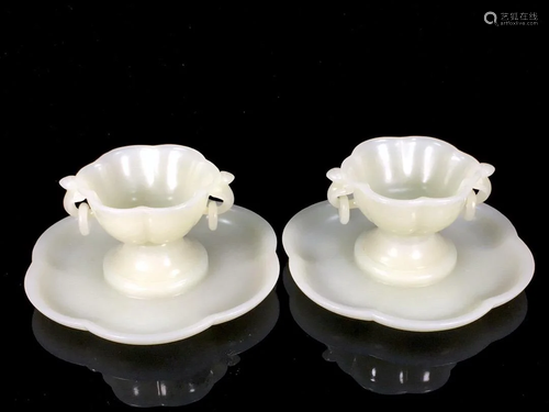 PAIR OF CHINESE HETIAN JADE CUPS AND PLATES