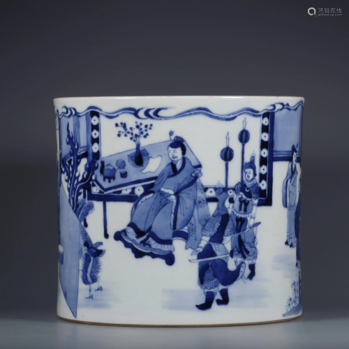 CHINESE BLUE AND WHITE BRUSHPOT ,KANGXI MARK