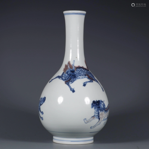 CHINESE BLUE AND WHITE COPPER RED VASE,KANGXI MARK