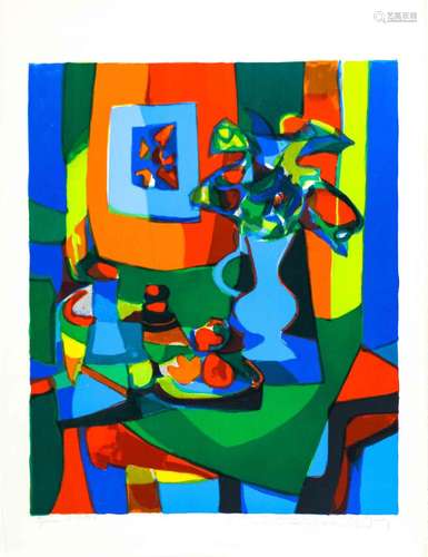 Marcel MOULY (1918-2008) Nature morte au vase bleu Lithograp...