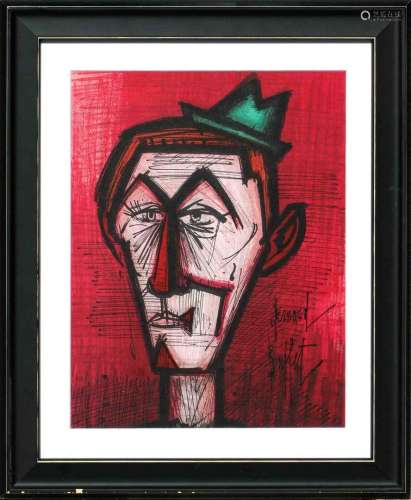 Bernard BUFFET (1928-1999) Le clown sur fond rouge Lithograp...