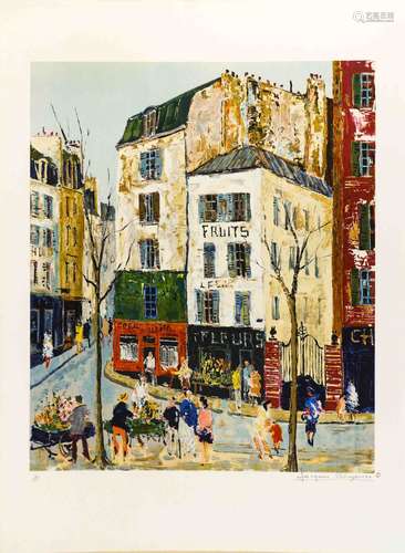 Jacques BOUYSSOU (1926-1997) Le marché aux fleurs Lithograph...