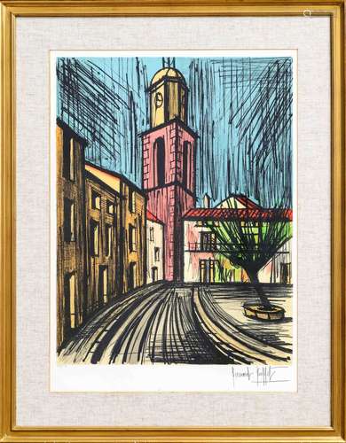 Bernard BUFFET (1928-1999). Saint Tropez, clocher et place d...