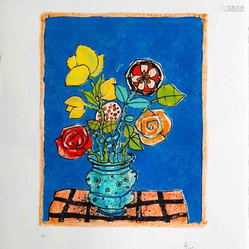 Paul AIZPIRI (1919-2016) Bouquet sur fond bleu Lithographie ...