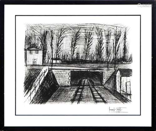 Bernard BUFFET (1928-1999). La voie ferrée. Gravure en noir ...