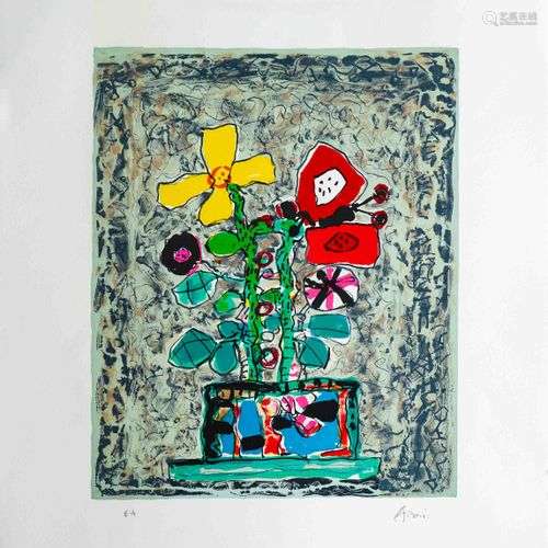 Paul AIZPIRI (1919-2016) Fleur et papillon rouge Lithographi...