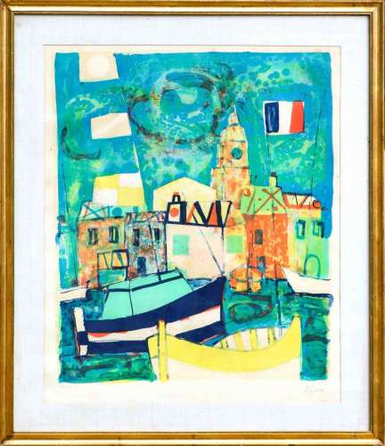 Paul AIZPIRI (1919-2016). Le petit port. Lithographie en cou...