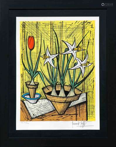 Bernard BUFFET (1928-1999). Trois jonquilles et une tulipe r...