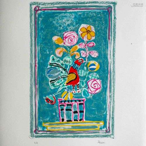 Paul AIZPIRI (1919-2016) Bouquet avec oiseau sur fond bleu L...