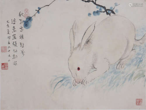 张伯驹、潘素玉兔图纸本镜片