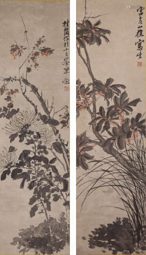 张桂岩花卉双幅纸本立轴