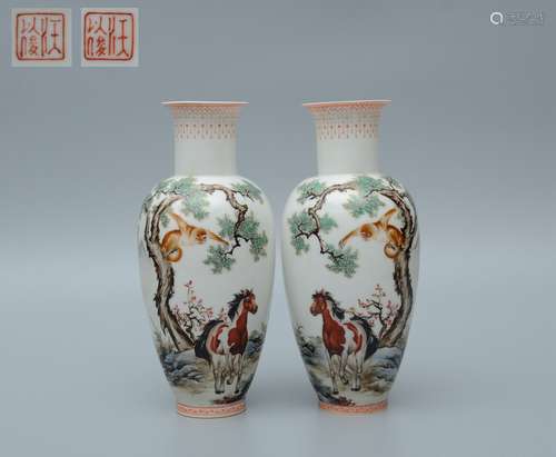 A Pair Famille Rose Horse and Monkey Vase