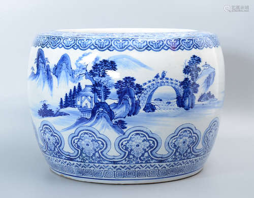 Blue and White Jardiniere with Landscape Painting