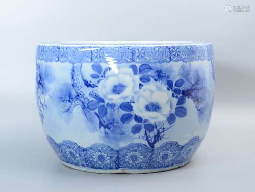 Blue and White Jardiniere with Flower Painting