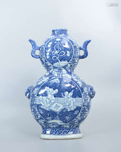 Blue and White Shou Double-Gourd Vase with Two Handles