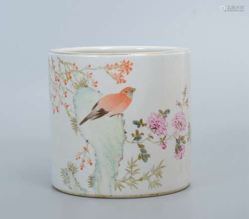 Famille Rose Brush Pot with Flower-and-Bird