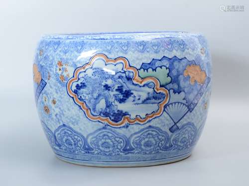 Blue and White Jardiniere with Landscape Painting