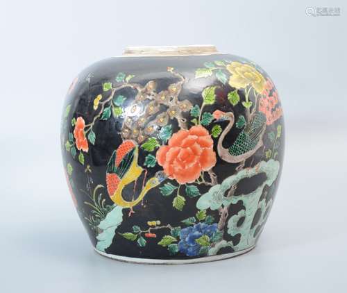 Black Glazed Flower-and-Birds Jar