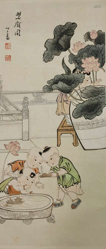 Children Playing，Chinese Painting by Puru