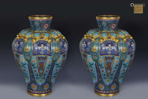 A Pair of Cloisonne Filigree Enamel Bronze Meiping