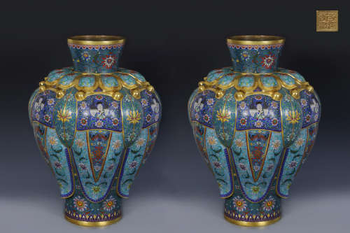 A Pair of Cloisonne Filigree Enamel Bronze Meiping