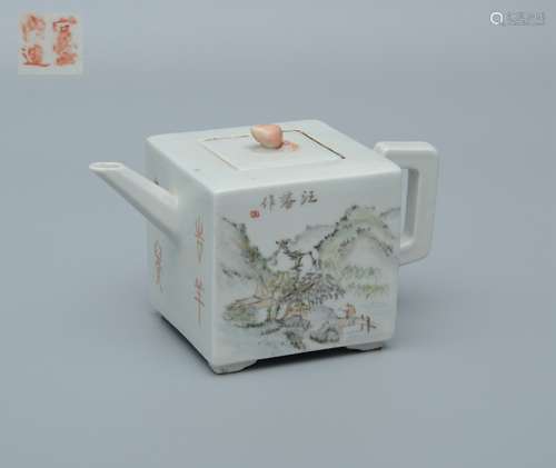 Famille Rose Landscape Square Teapot